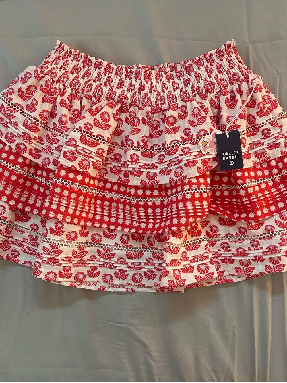 Roller Rabbit Red & White Tiered Smocked Mini Skirt